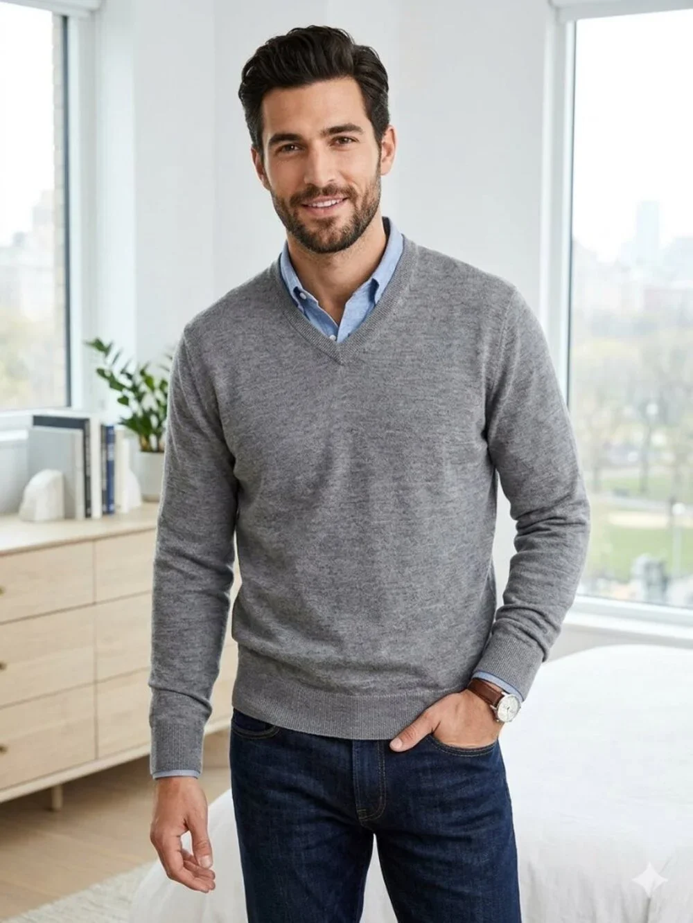 Vintage J.Crew Men's 100% Merino Wool V-Neck Sweater Heather Gray Size XL